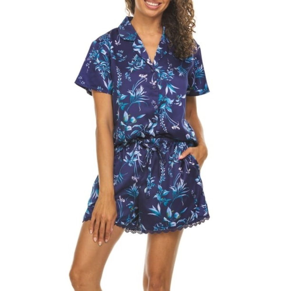 Flora by Flora Nikrooz Floral Navy Blue Short Sleeve Pajama Set Size Large
